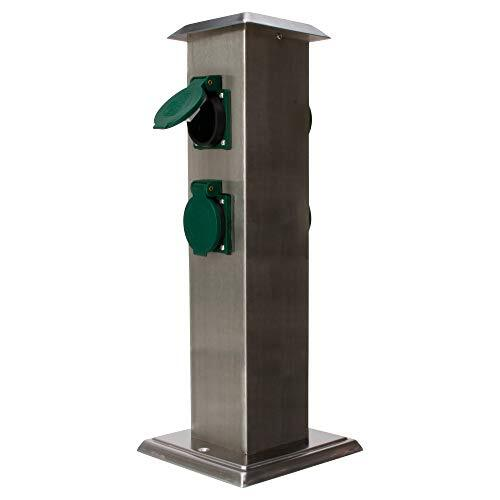 Energiesäule mit 4 Schutzkontaktsteckdosen mit Klappdeckel (Kunststoff) Säule Edelstahl Platte Kunststoff Schutzklasse IP44, 230V~ 50Hz 16A Farben silber/grün