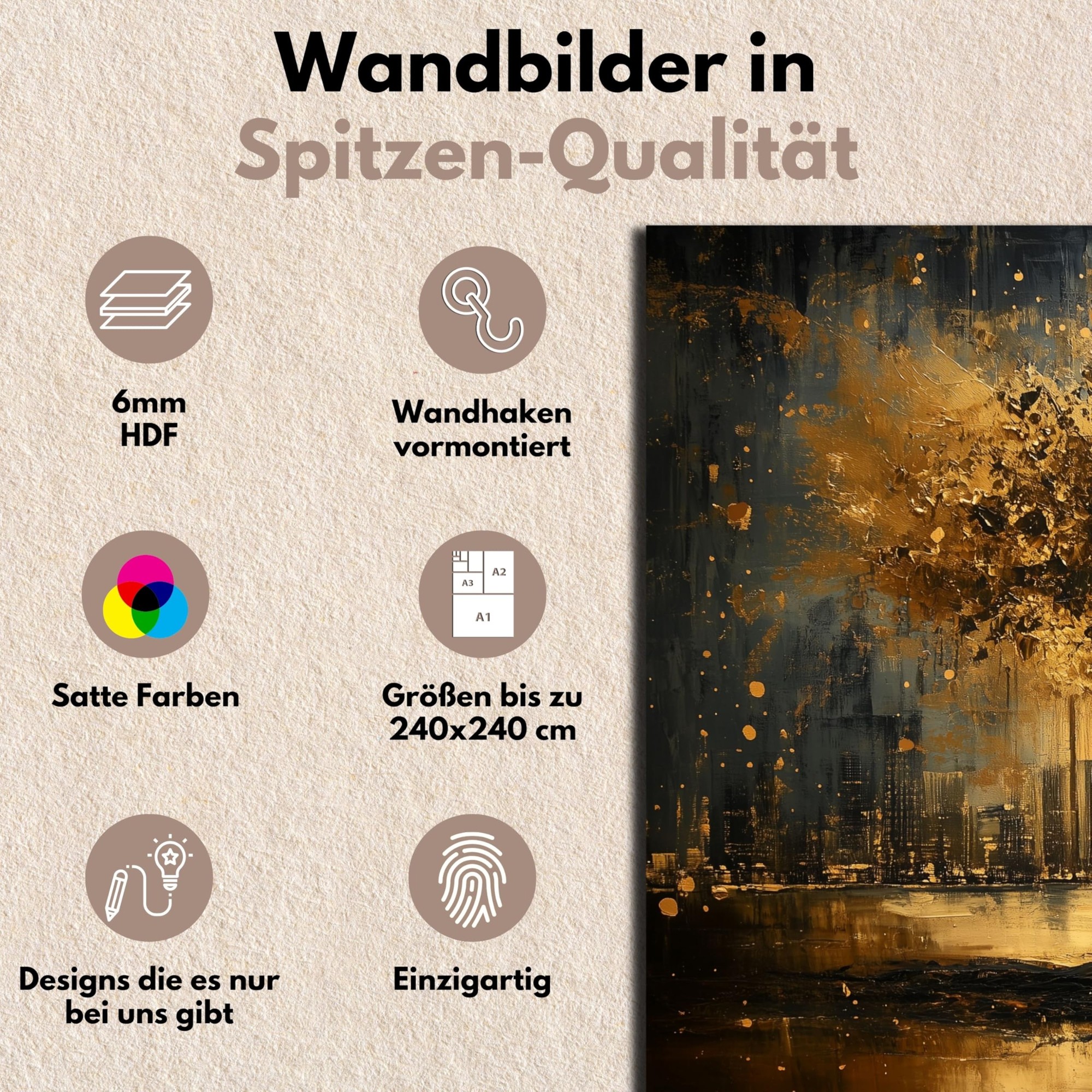 Wandbild, Abstrakte Kunst, Schwarz-Gold, HDF-Platte, Wandhaken vormontiert