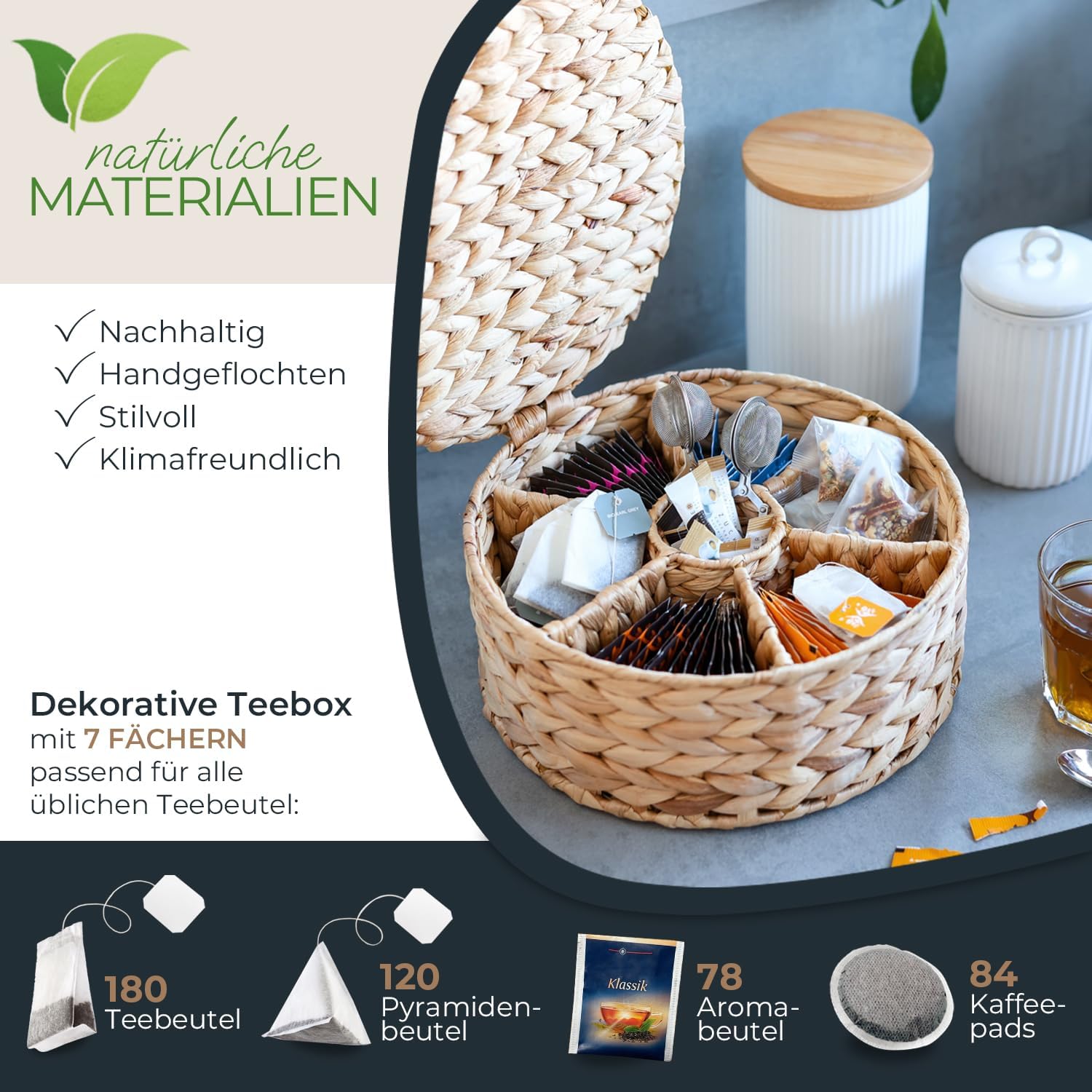 HMF Teebox für Teebeutel geflochten aus Wasserhyazinthe, Tee Aufbewahrungsbox mit 7 großen Fächern 27 x 27 x 11 cm