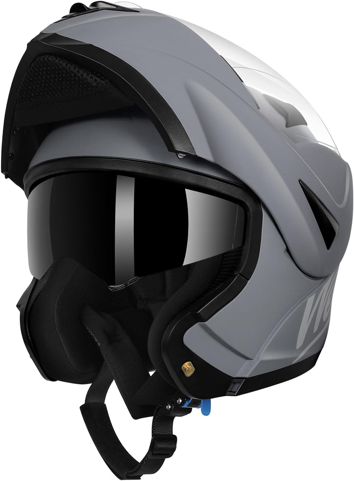 Motorradhelm, Vollvisier, Grau, getönte Visier, Kinnriemen