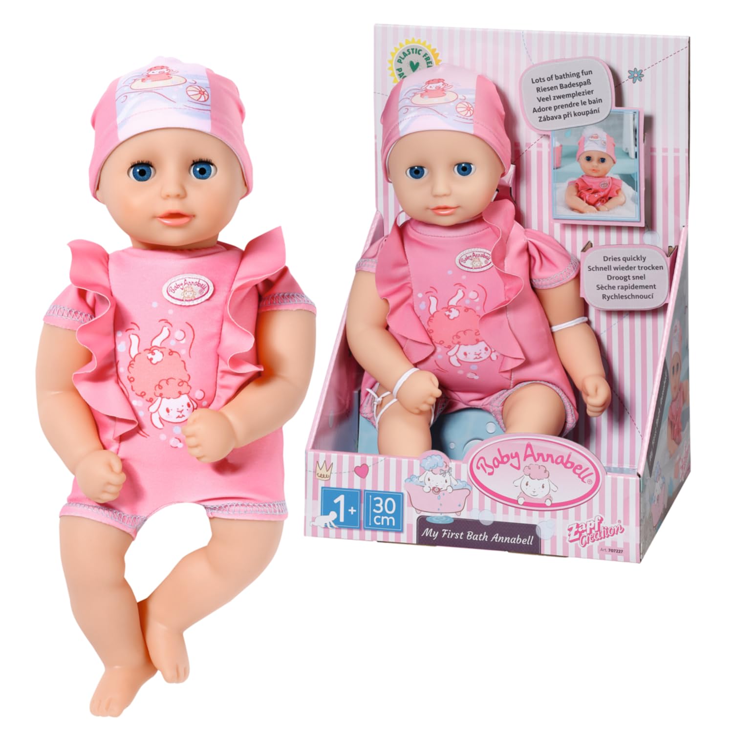 Baby Annabell My First Bath, weiche Badepuppe mit Stoffkörper und Schlafaugen mit Badeanzug und Mütze, 30 cm große Puppe, 707227 Zapf Creation