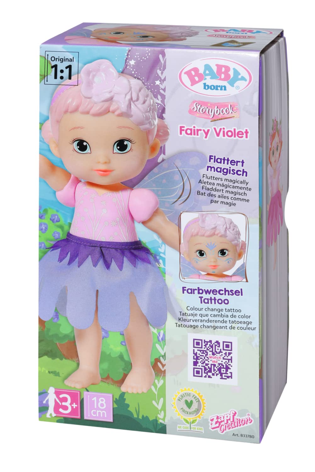 Zapf Creation 833780 BABY born Storybook Fairy Violet Feen-Puppe mit Flügeln Farbwechsel Tattoo Feenlicht Zauberstab Spielpuppe