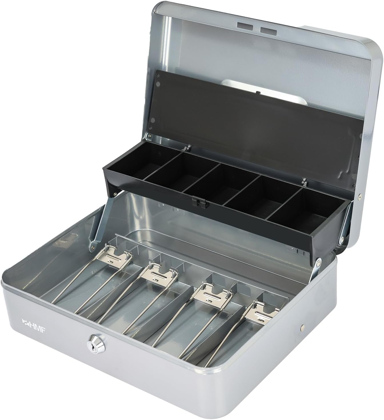 HMF Geldkassette abschließbar mit Münzeinsatz und 4 Scheinfächer mit Klammer 30 x 24 x 9 cm Silber