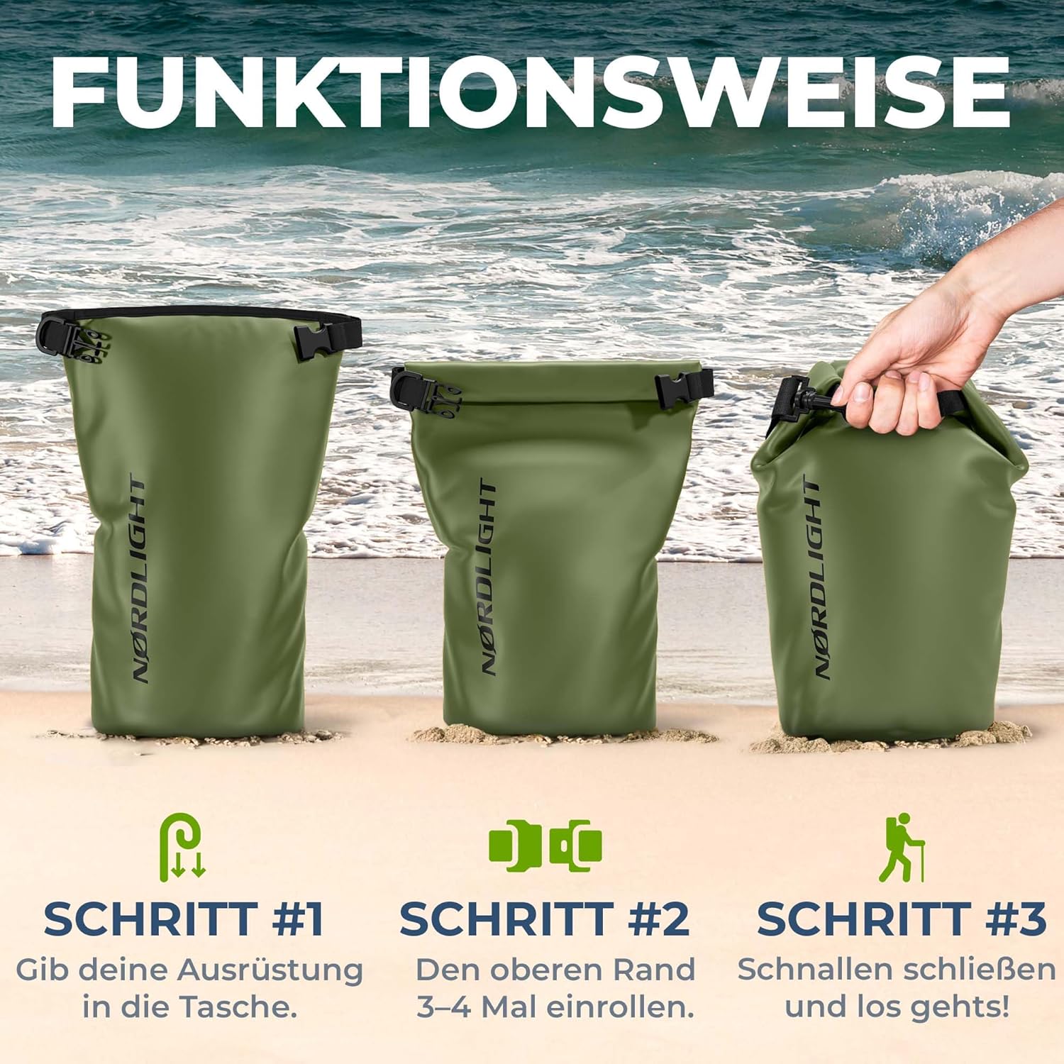 Nordlight Wasserdichter Rucksack Dry Bag 10L - Roll Top Rucksack Kurierrucksack oliv
