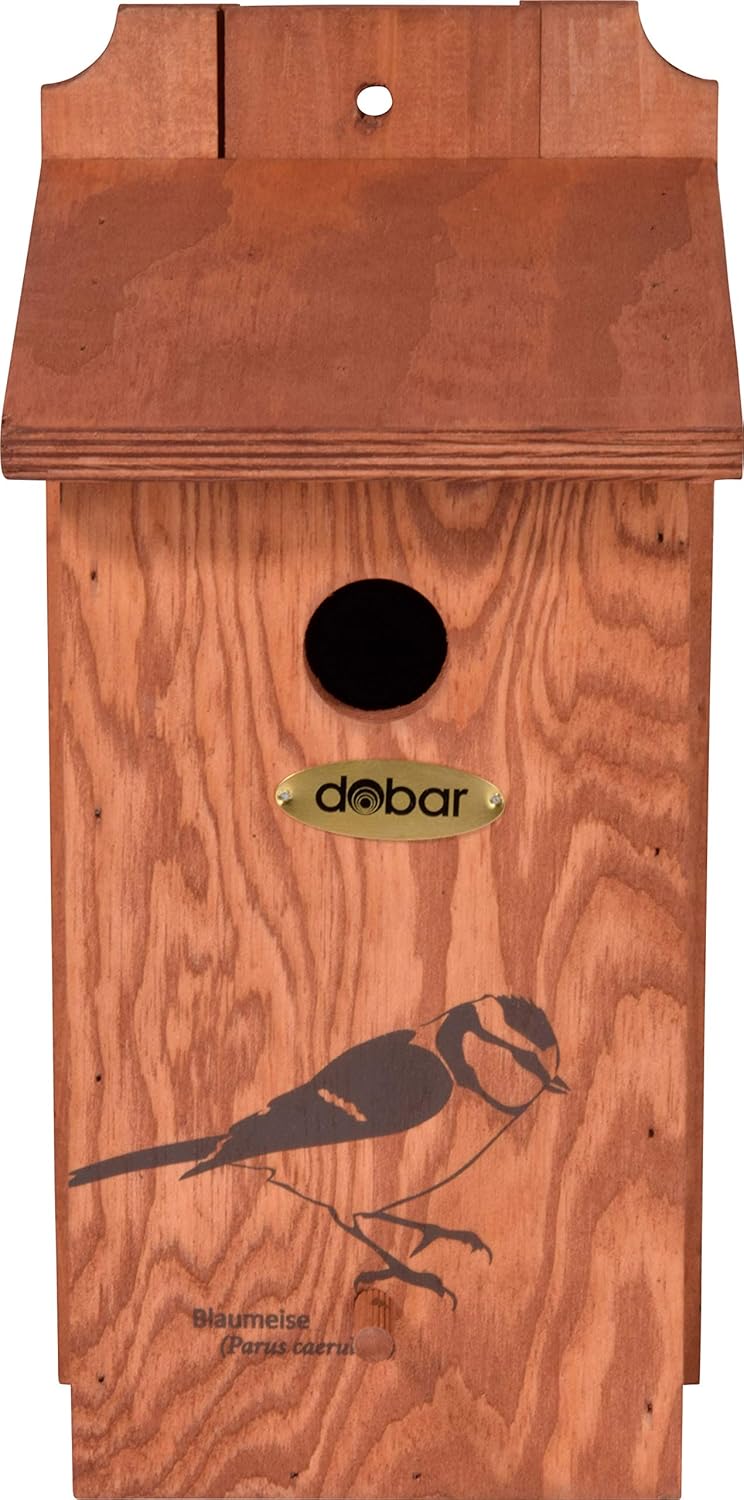 dobar green label Nistkasten "Blaumeise" Meisenkasten aus Holz - Nisthilfe für Wildvögel - Wetterbeständig - Nistplatz mit Siebdruckmotiv Blaumeise Braun
