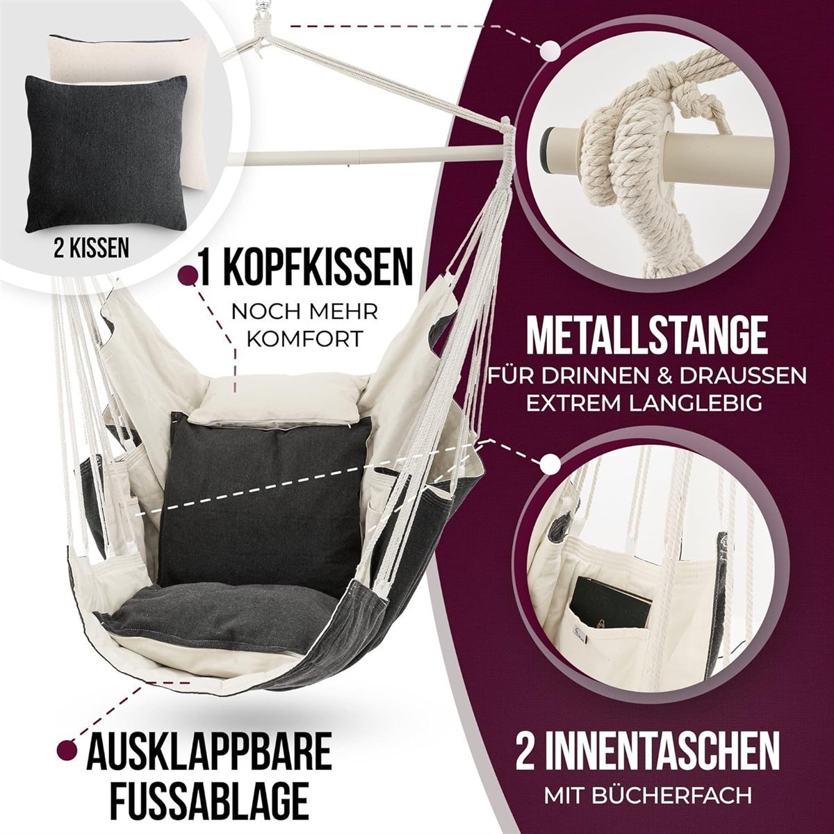 hängematte, kissen, holzstange, innenfach, fussablage