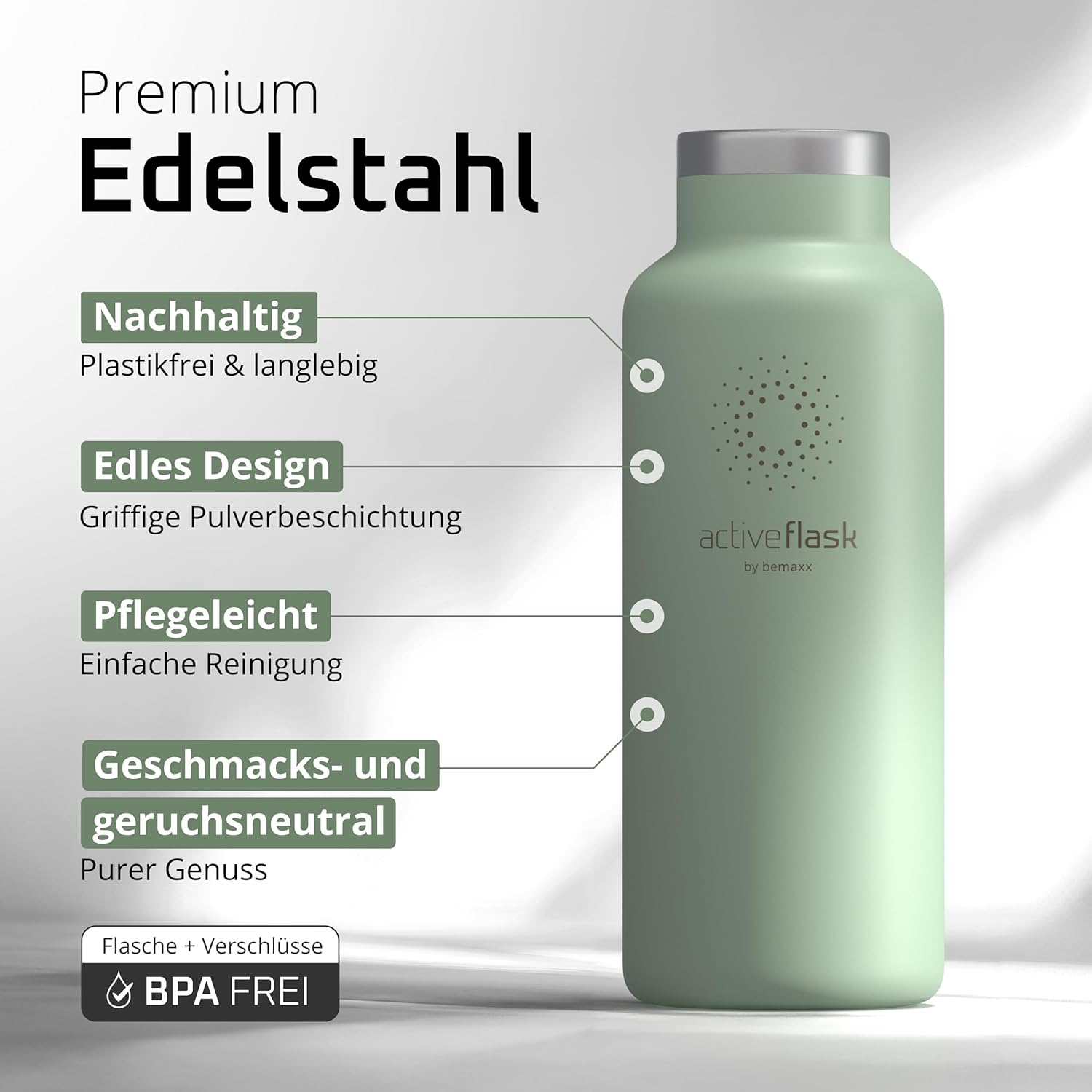 BeMaxx Trinkflasche Edelstahl ACTIVE FLASK sage Bamboo-Verschluss 530l