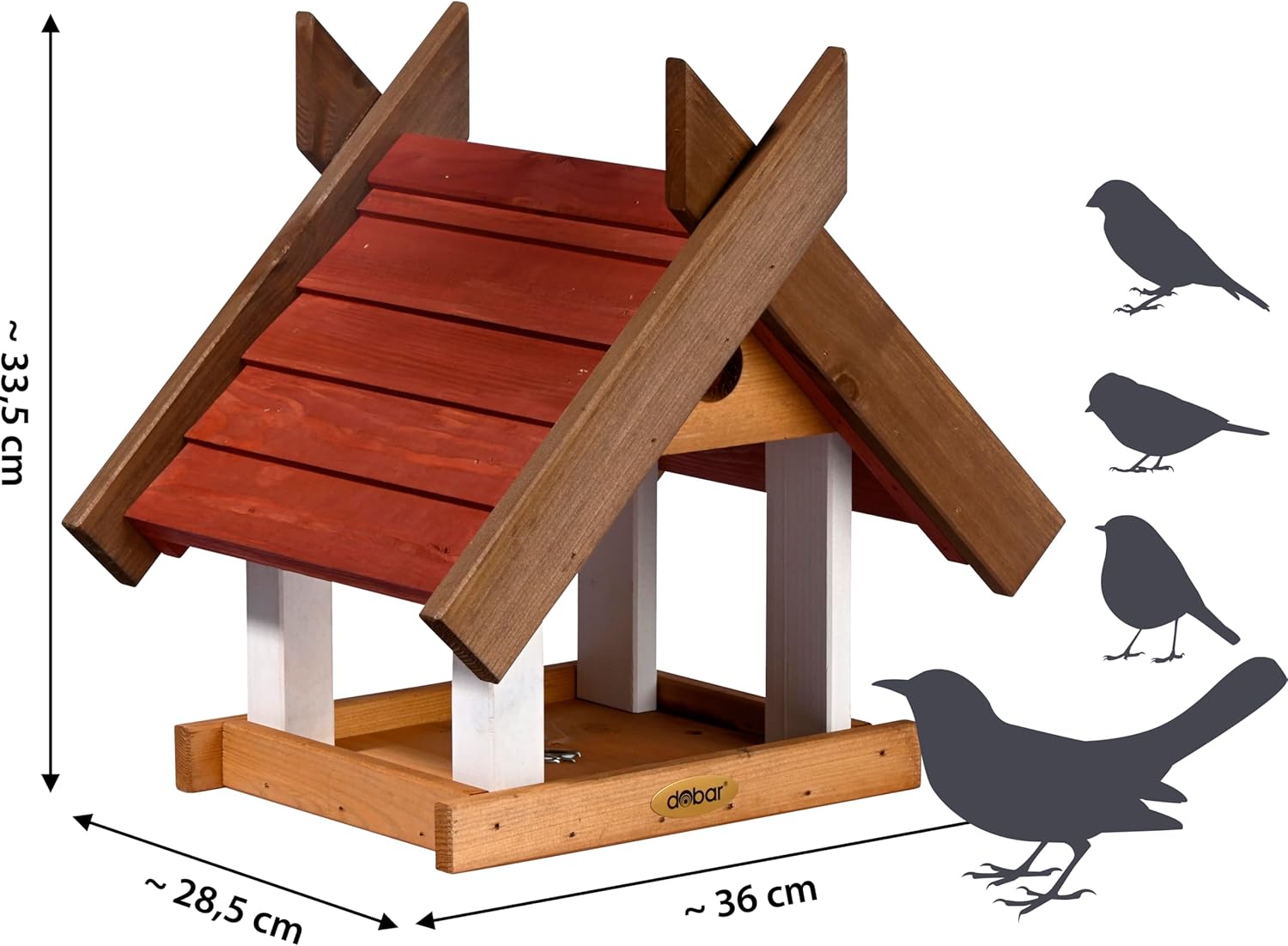 dobar Green Label Großes Vogelhaus Herbstfrüchte für Ständermontage - Futterstation für Wildvögel mit großem Futtertablett Wildvogelfutterplatz - 36 x 28,5 x 33,5 cm  Braun/Rot/Weiß