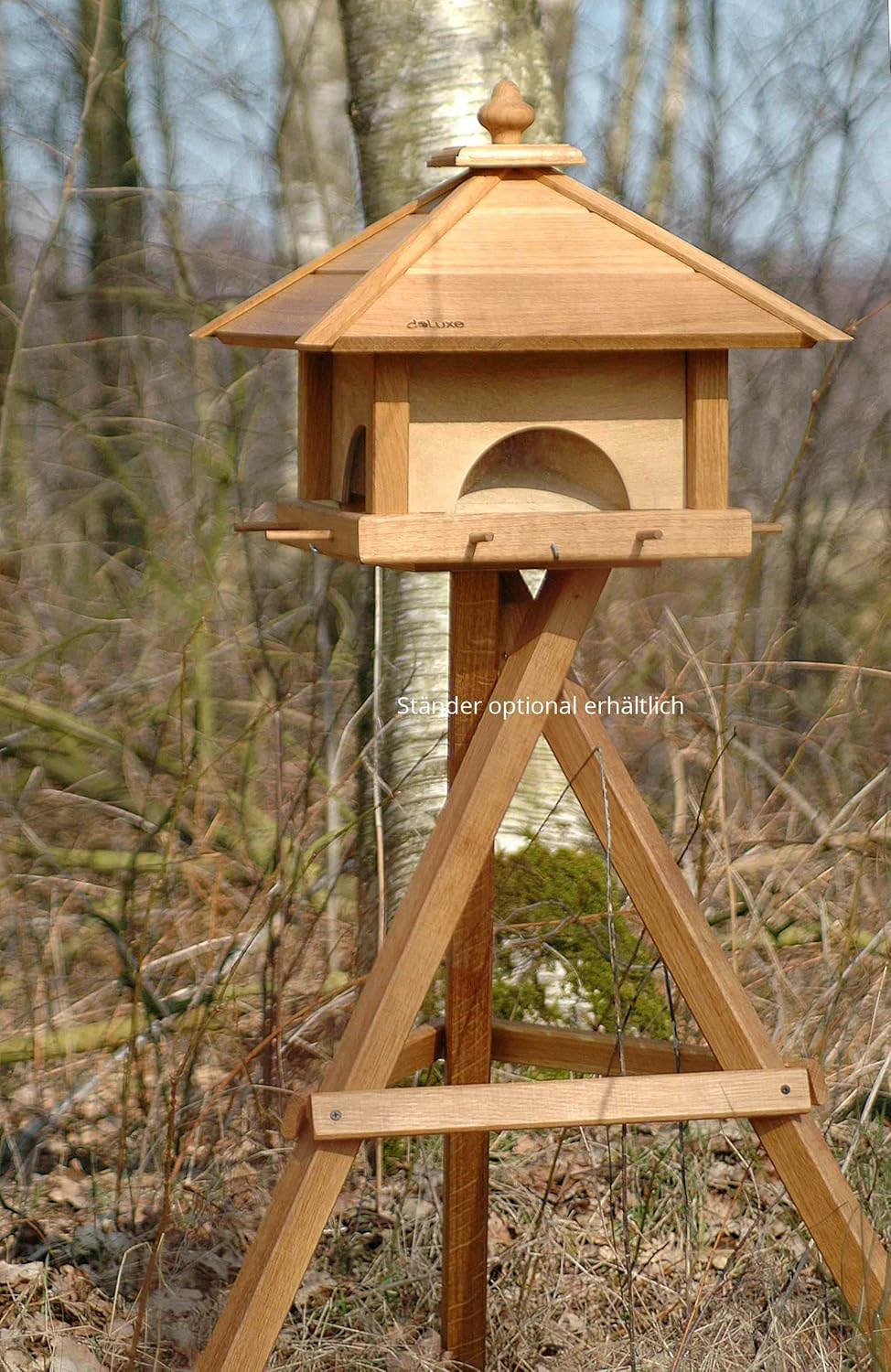 LUXUS-VOGELHAUS Vogelfutterhaus mit 4 Schubladen - Vogelvilla aus Massivholz - Futterstation für Wildvögel - Vogelhaus mit separaten Futter-Schubladen - 46,5 x 46,5 x 39 cm - Natur #D70