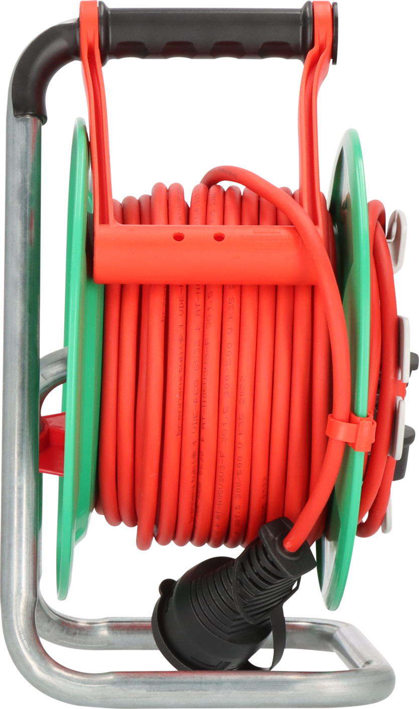 Garant G IP44 Gartenkabeltrommel für den kurzfristigen Einsatz im Außenbereich Kabeltrommel für Rasenmäher mit 23+2m Kabel in rot Spezialkunststoff