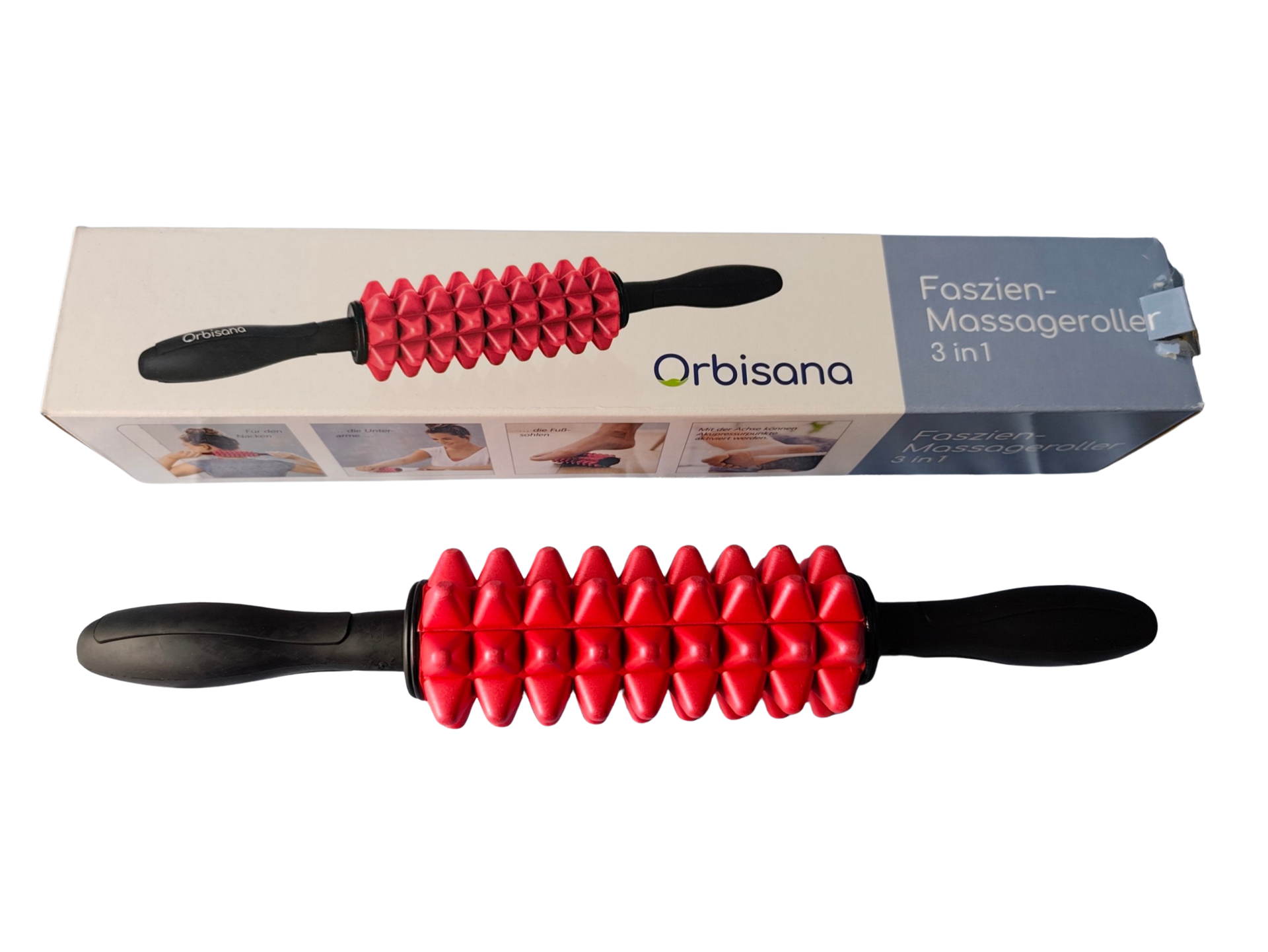 Massageroller, Faszienrolle, 3in1, Rotierbar, Gummigriff