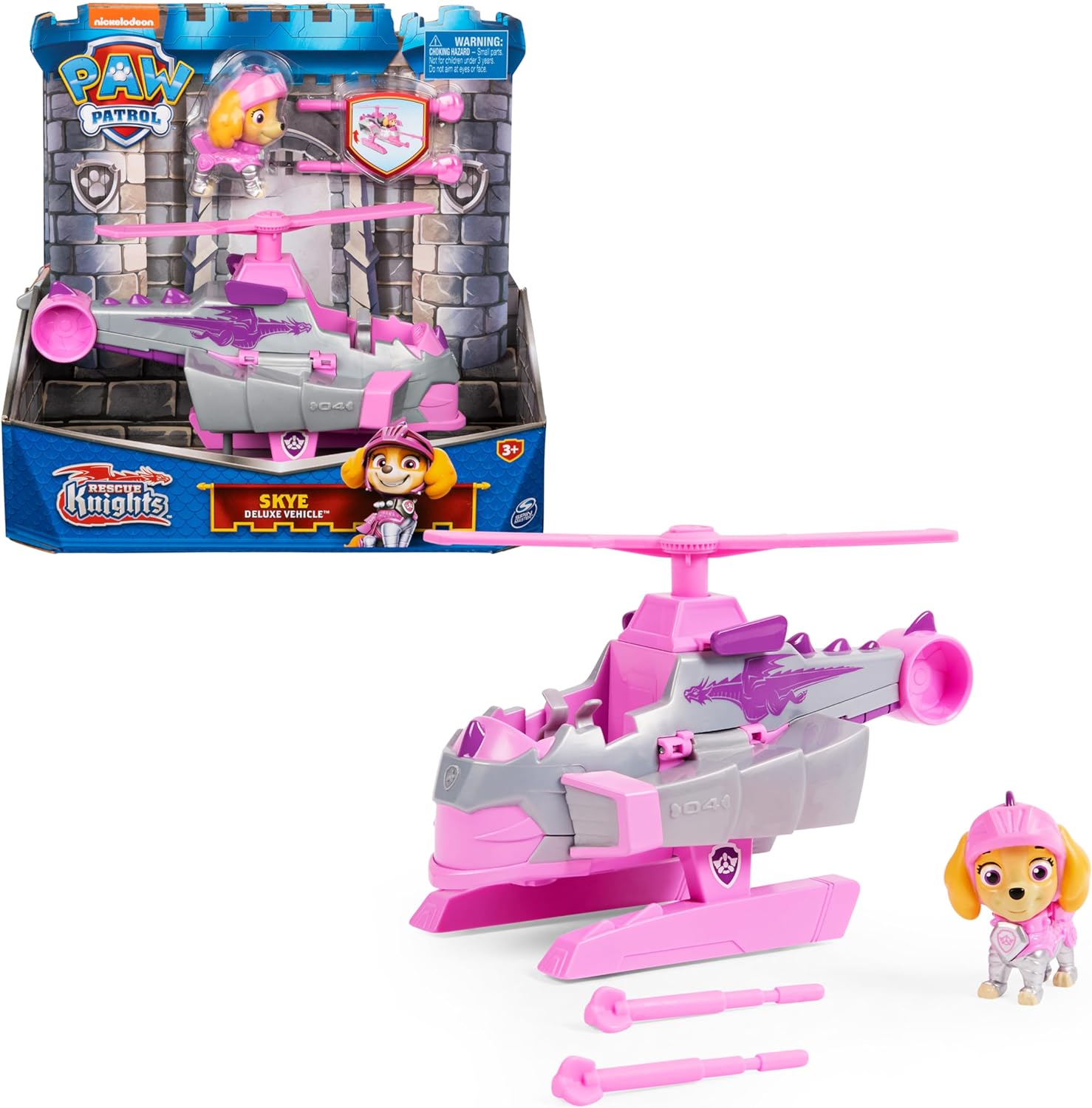 PAW PATROL 6063586 Rescue Knights Basis Fahrzeug Spielzeugauto von Skye mit Welpenfigur, Spielzeug geeignet für Kinder ab 3 Jahren