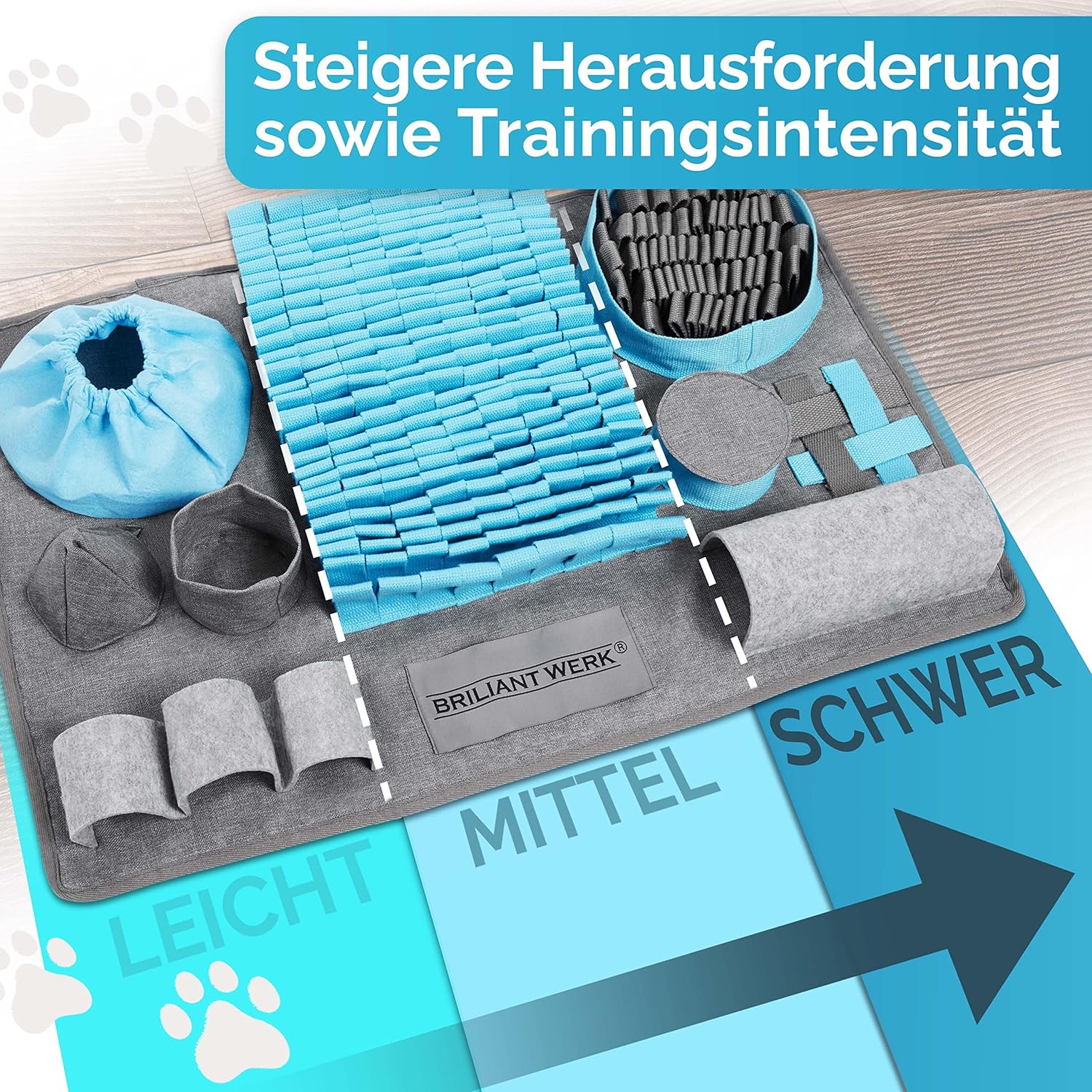 Briliantwerk Schnüffelteppich Hund – Extrem widerstandsfähiges Material - 10 Trainingselemente und 3 Schwierigkeitsstufen Intelligenzspielzeug blau