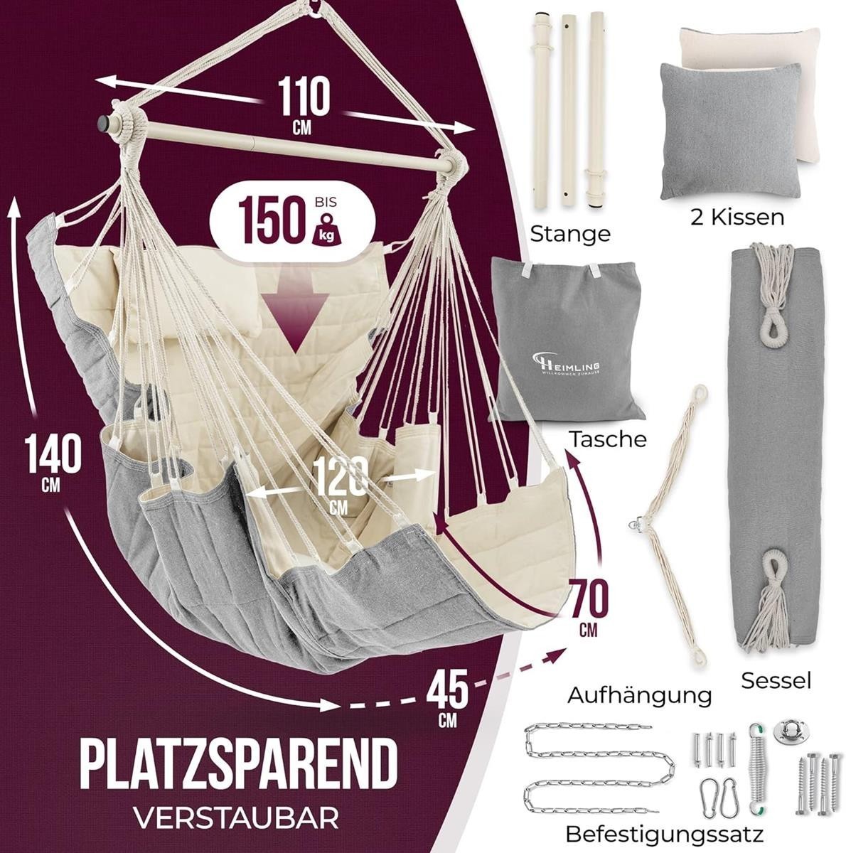 Hängesessel, Baumwolle, Grau und Beige, Spreizstange, Aufbewahrungstasche