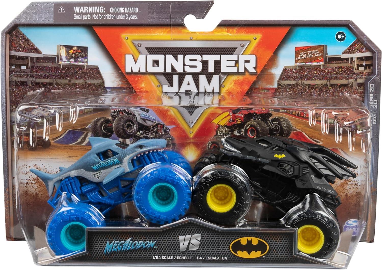 Spinmaster Monster Jam Zweier Pack mit Batmobil vs. Megalodon Monster Trucks Monstertruck Stunt Action Spielzeug 1:64