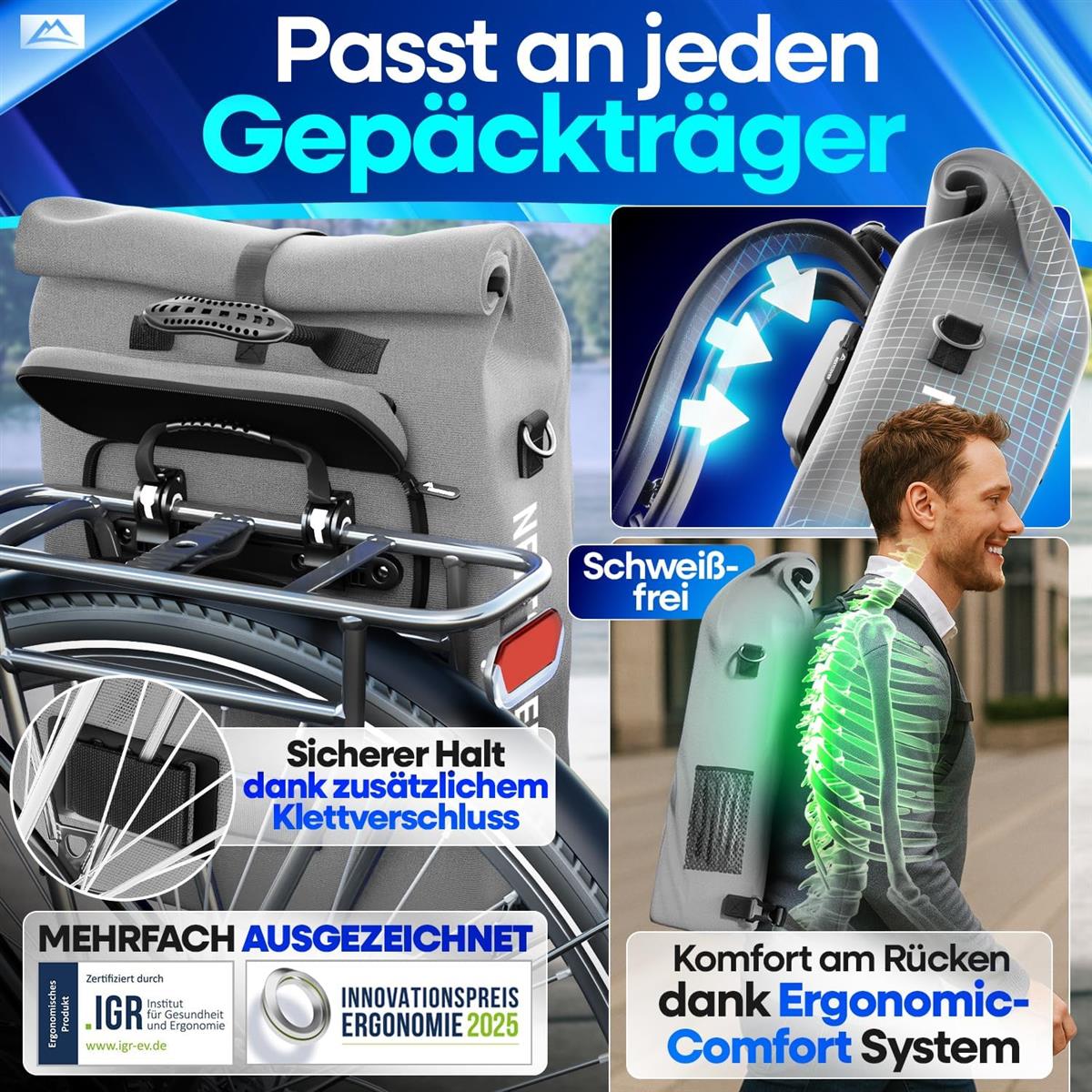 Nextcover NEU 3in1 Fahrradtasche für Gepäckträger PVC frei - Gepäckträgertasche, Fahrradtasche Rucksack und Umhängetasche 25L I Fahrrad Tasche wasserdicht Fahrradtaschen Gepäckträger