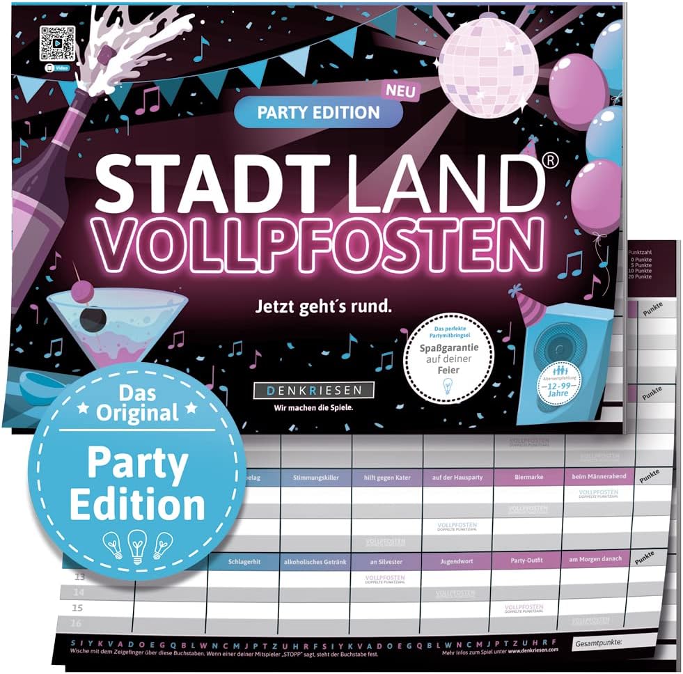 DENKRIESEN - Stadt Land VOLLPFOSTEN® - Party Edition - 'Jetzt geht's rund.' DIN A4 Spielblock 50 Blatt Partyspiel Geschenk
