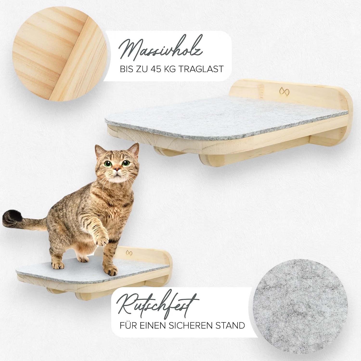 Katzenwandliege, Massivholz, Filzfläche, Wandmontage, bis 45 kg belastbar