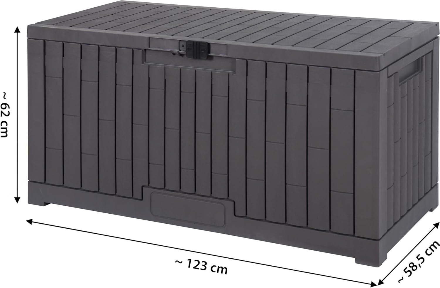dobar Gartentruhe aus Kunststoff 300 L - Witterungsbeständige Auflagenbox in Holzoptik - Abschließbare Gartenbox für Kissen Polster und Zubehör - 117 x 45 x 56 cm - Anthrazit