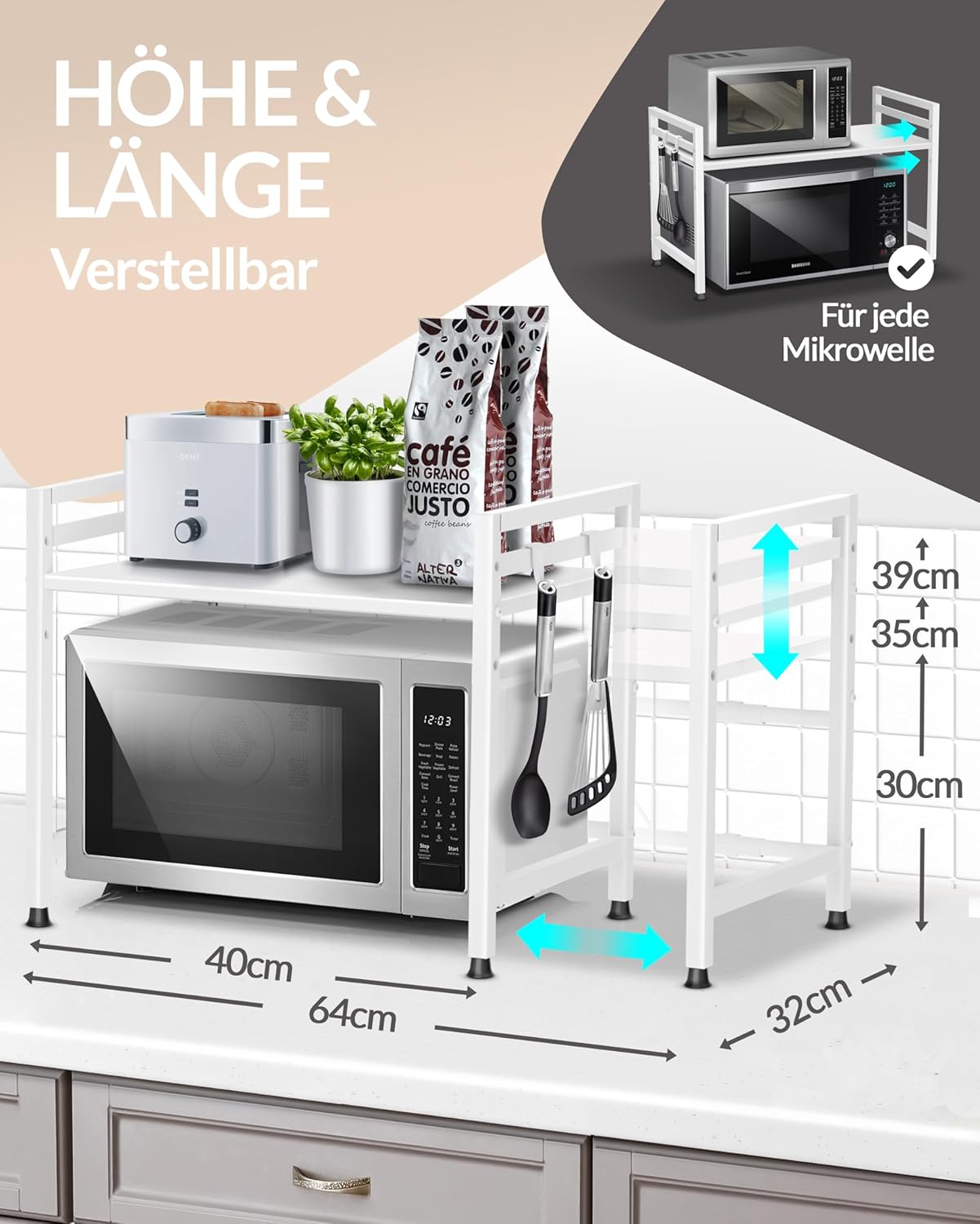 Heldenwunder Mikrowellenregal 2-stufig weiss Küchenregal #B202