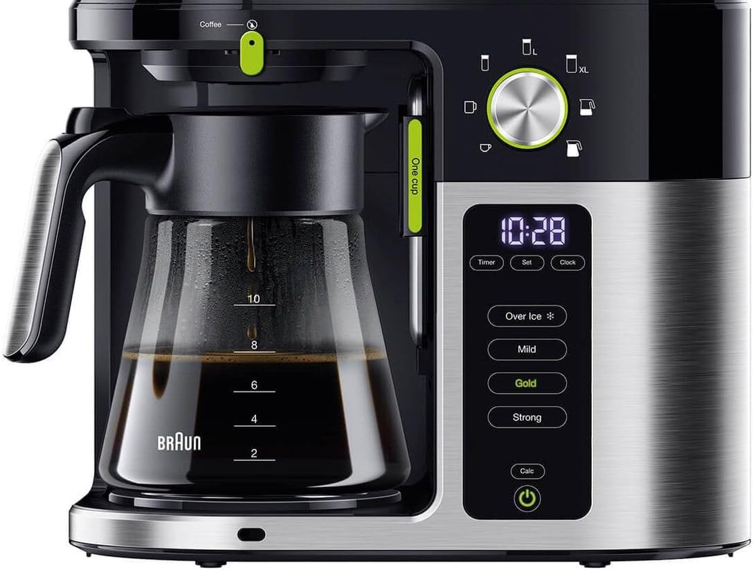 Braun MultiServe Kaffeemaschine - Filterkaffeemaschine mit Glaskanne Direktwahl von 7 Portionsgrößen für bis zu 10 Tassen Touch Display Zeitschaltuhr 1750 Watt Edelstahl/Schwarz