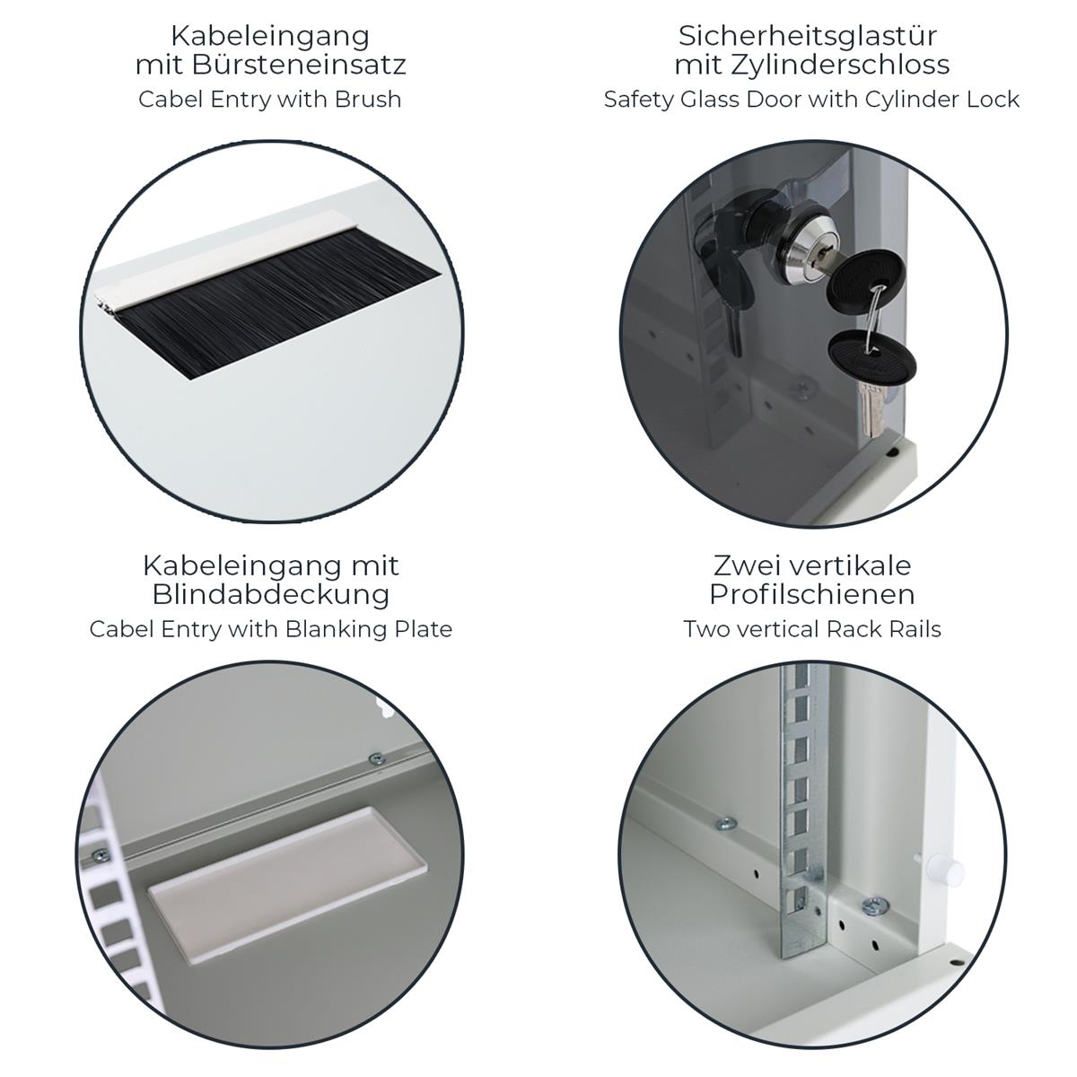 Kabeleingang, Bürsteneinsatz, Sicherheitsglas Tür, Zylinder Schloss, ProfilSchienen