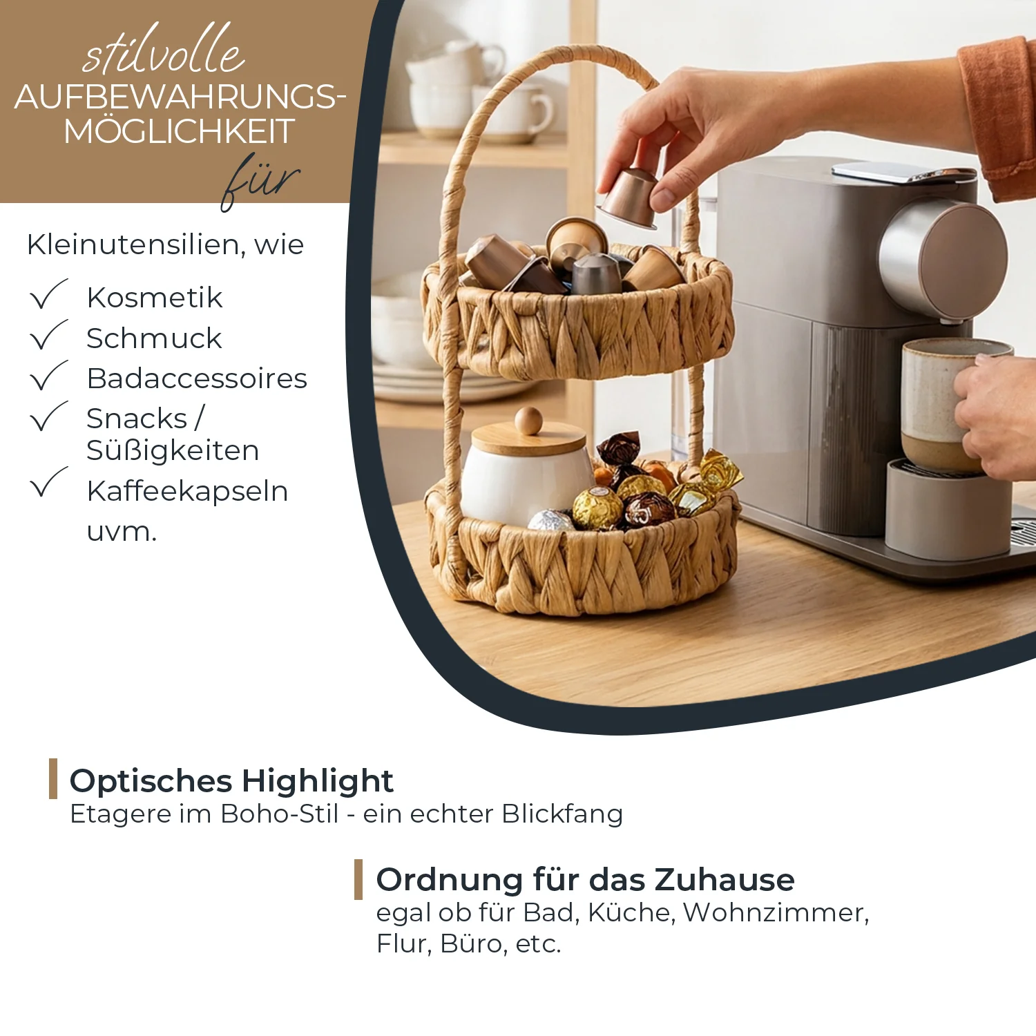 Kaffeeautomat, Kaffeemaschine, Korb mit Zubehör, Kaffeekapseln, Kleine Aufbewahrung