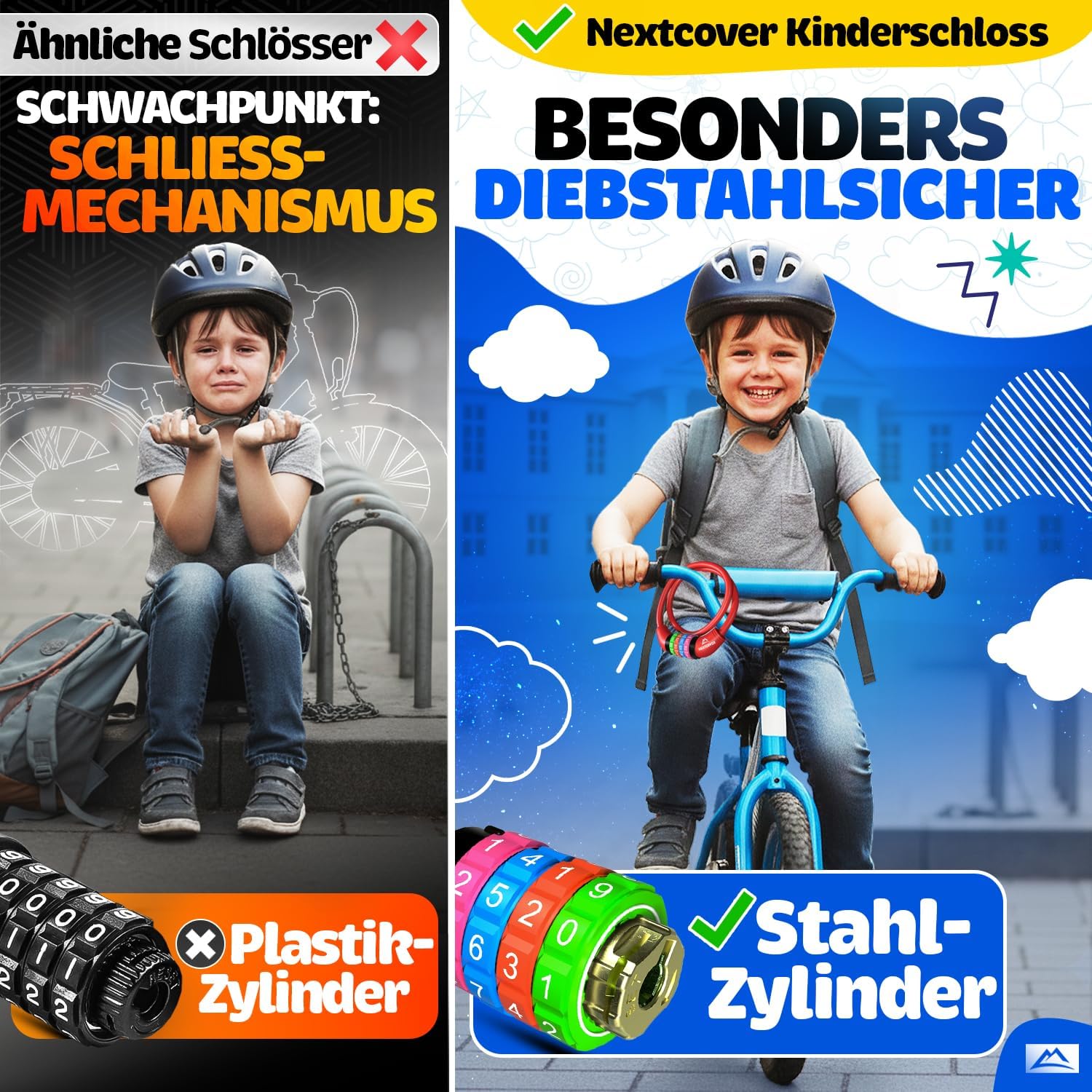 NEXTCOVER® Fahrradschloss Kinder mit 4-stelligem Zahlencode I Kinder Fahrradschloss - Ideal für Roller, Fahrrad & mehr I Zahlenschloss Fahrrad mit bunten Zahlen - Roller Schloss Extra robust & sicher