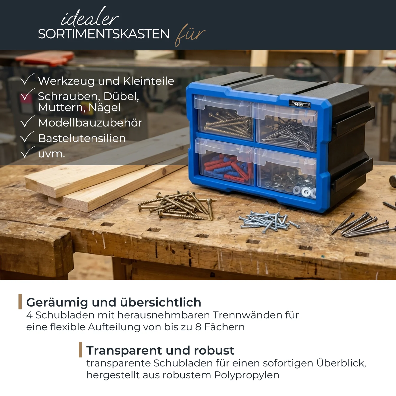 Werkzeugkasten, Schubladenelemente, Brettbauteile, Schrauben, Muttern