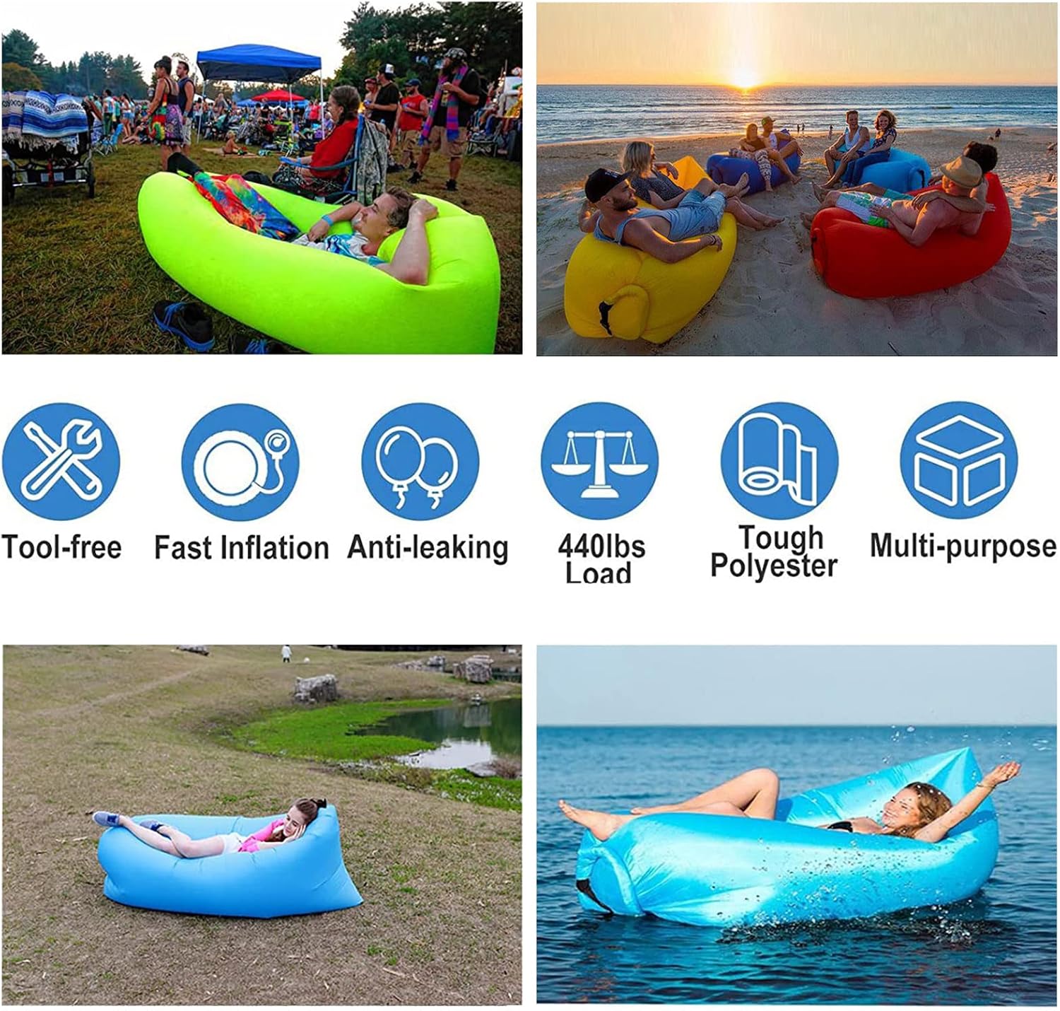 DERJLY Aufblasbares Luftsofa Luftsofa mit Tragetasche, Tragbares Wasserdichtes Aufblasbare, Air Lounger, für Garten Seeufer Strand Camping und Musikfestivals