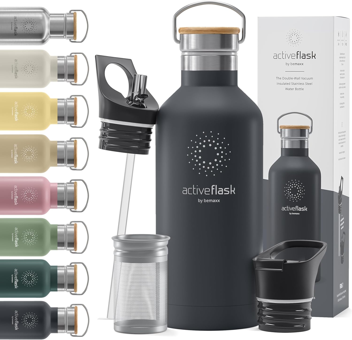 BeMaxx Trinkflasche Edelstahl ACTIVE FLASK grau Bamboo-Verschluss 950l