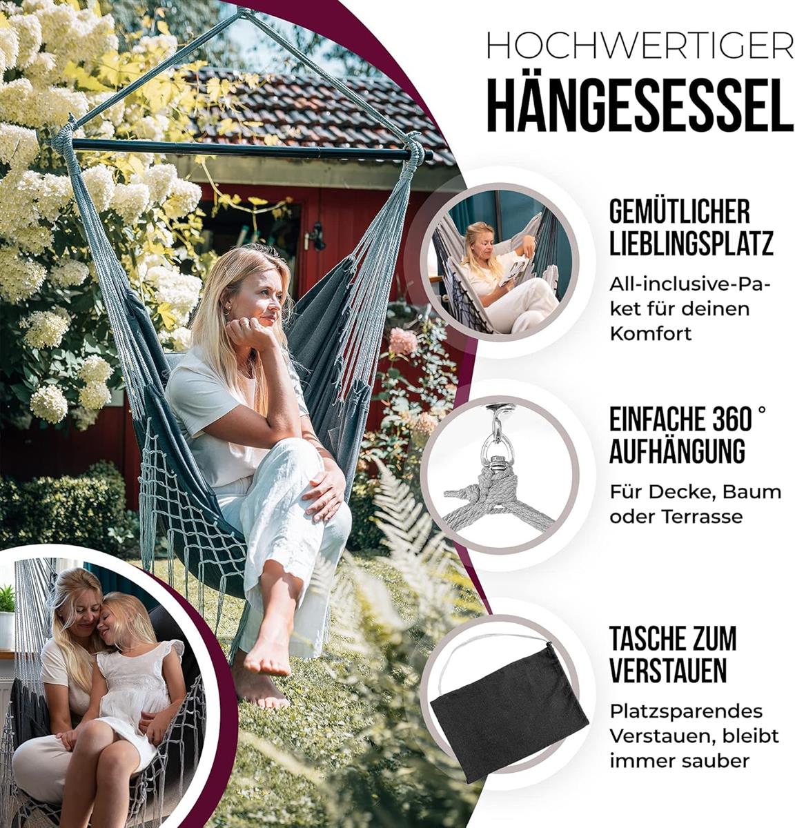 HEIMLING Hängesessel Indoor & Outdoor XXL Hängesessel Hängematte Balkon Terrasse anthrazit