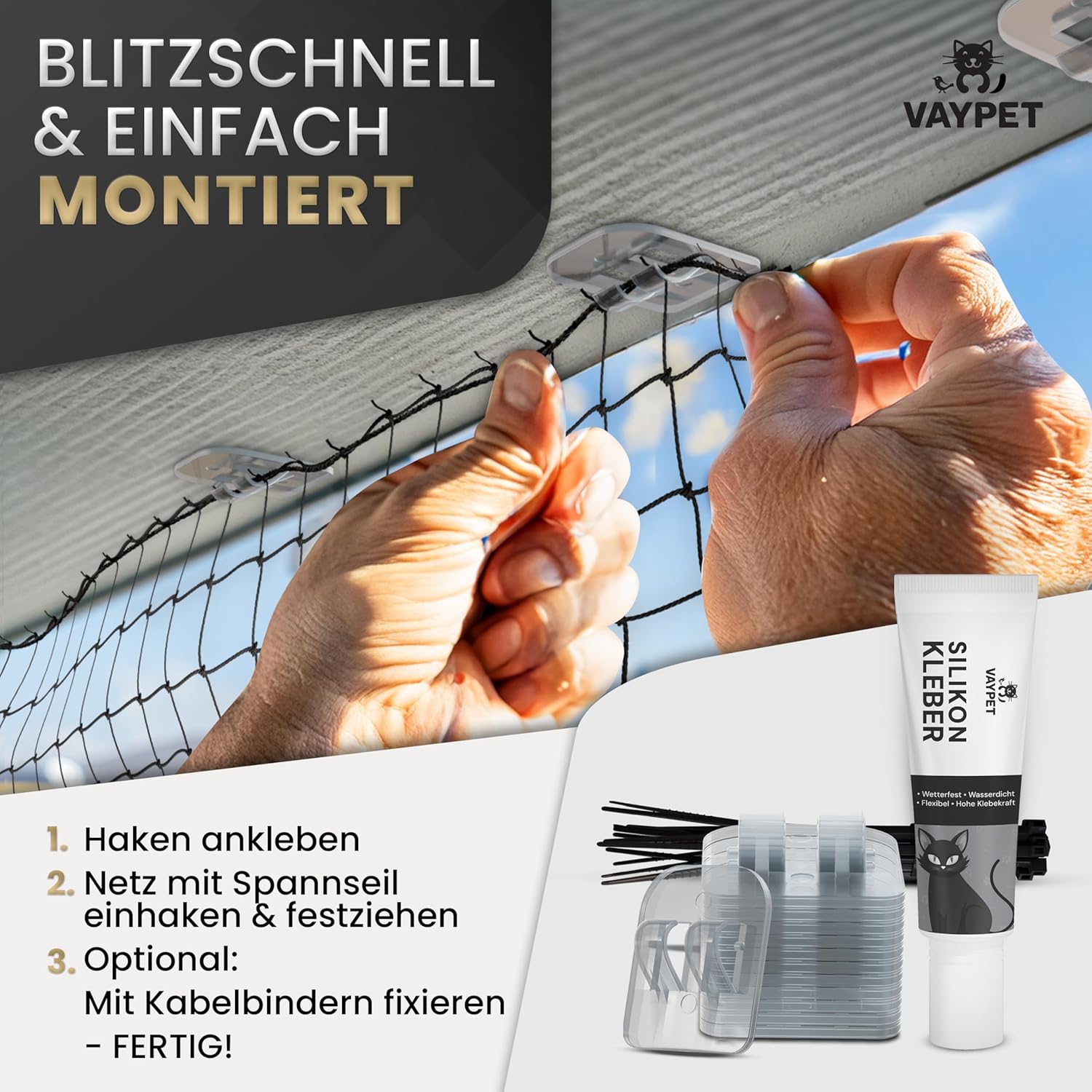 VAYPET Katzennetz für Balkon ohne Bohren 6x3m Tiernetz Balkonnetz Vogelschutznetz