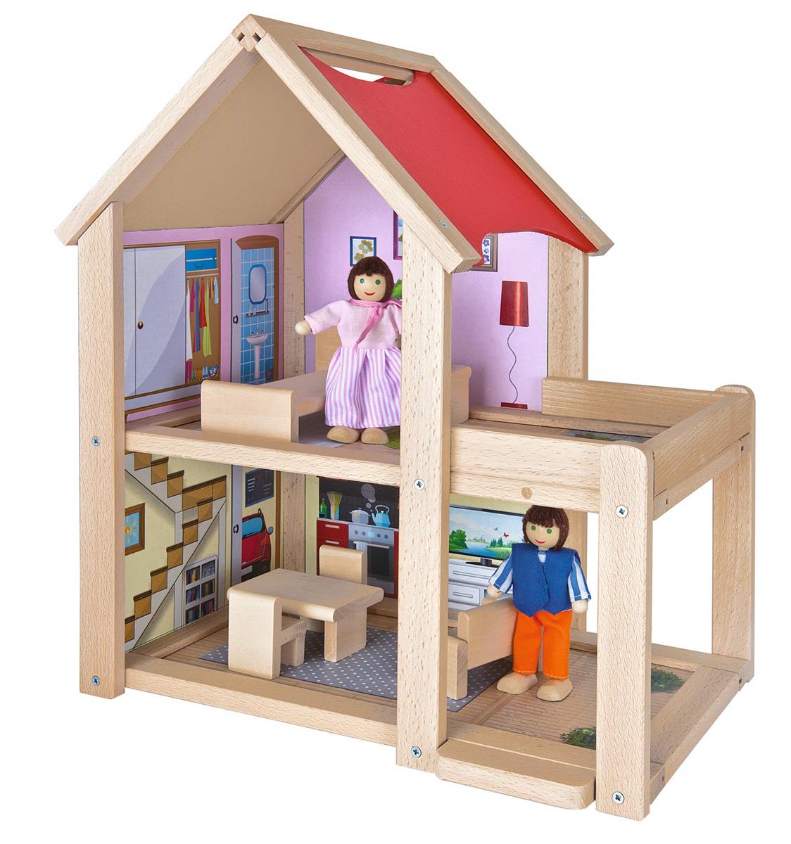 Eichhorn 100002501 - Puppenhaus fertig montiert inklusive 2 Puppen und Möbeln, 9-tlg., 22,5x36x41cm, Buchenholz