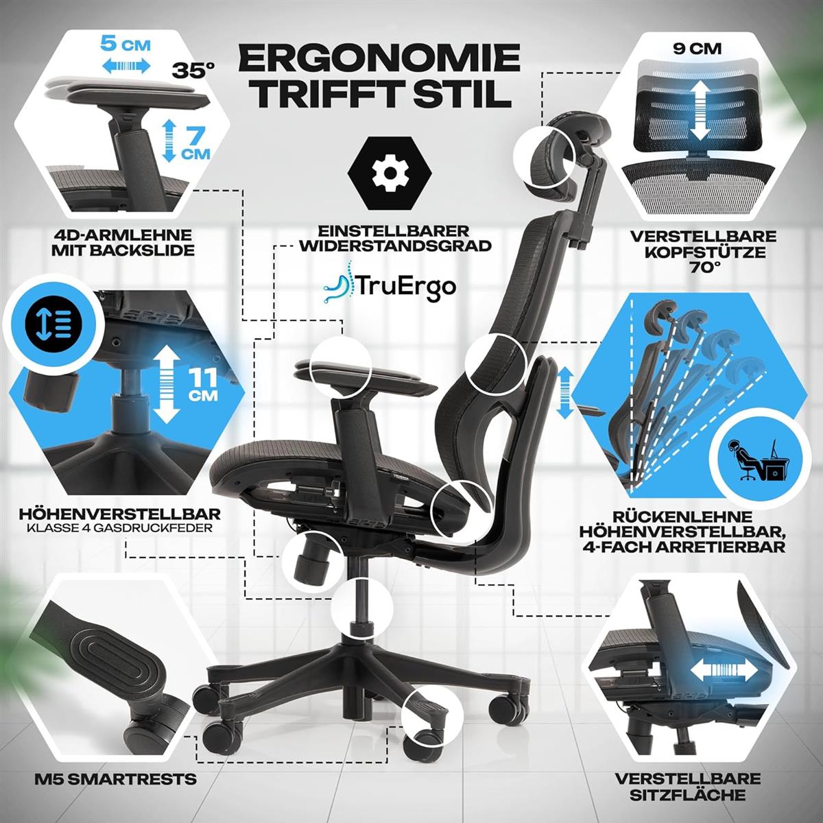 VALKENSTOL M5 Ergonomischer Bürostuhl 150 kg Schreibtischstuhl schwarz Mesh