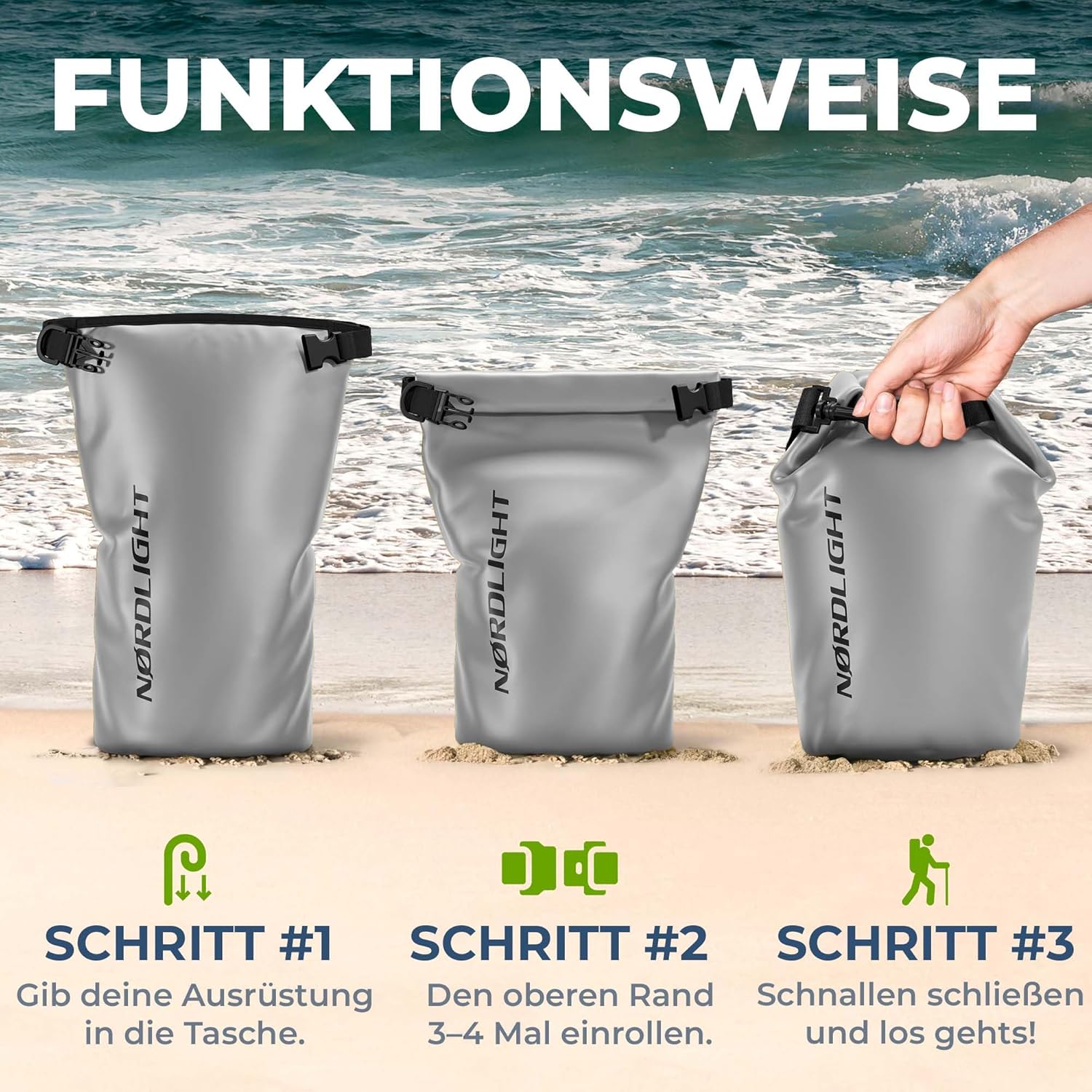 Nordlight 3er Set Wasserdichter Rucksack Dry Bag 10L - Roll Top Rucksack Kurierrucksack grau