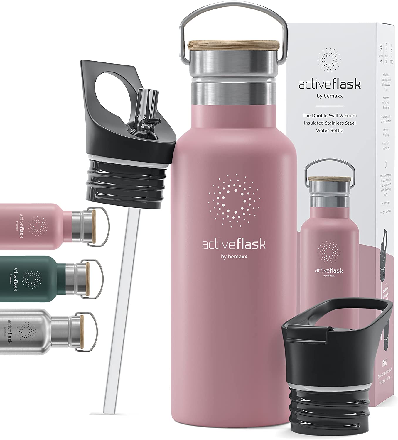 BeMaxx Trinkflasche Edelstahl ACTIVE FLASK rosa Bamboo-Verschluss 950l
