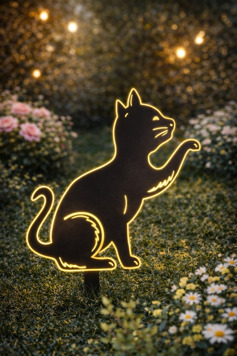 Katze, Silhouette, Lichterrahmen, Außendekoration, Nachtgarten