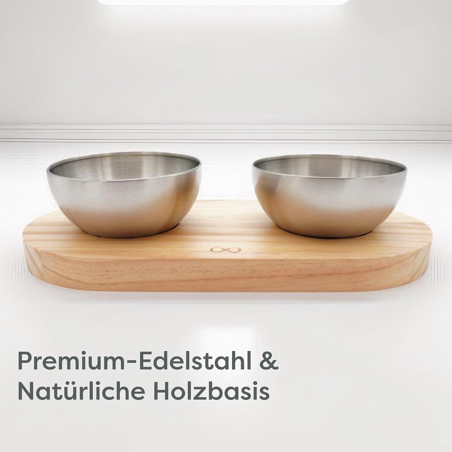 Edelstahlnäpfe, Holzunterlage, Doppelnapf, Silberfarben, Abgerundete Ecken