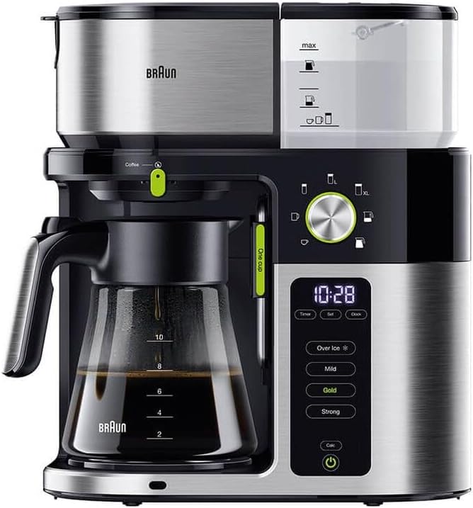 Braun MultiServe Kaffeemaschine - Filterkaffeemaschine mit Glaskanne Direktwahl von 7 Portionsgrößen für bis zu 10 Tassen Touch Display Zeitschaltuhr 1750 Watt Edelstahl/Schwarz