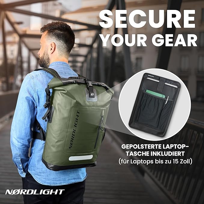 Nordlight Wasserdichter Rucksack Dry Bag 25l - Roll Top Rucksack Kurierrucksack olive