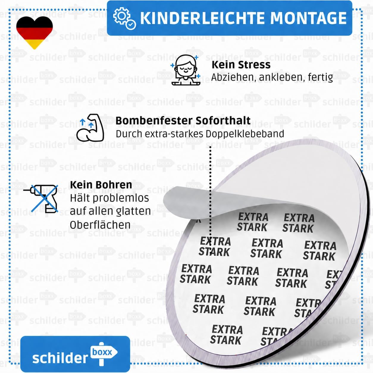 selbstklebendes Schild, starkes Doppelklebeband, ovale Form, bohrfreie Montage