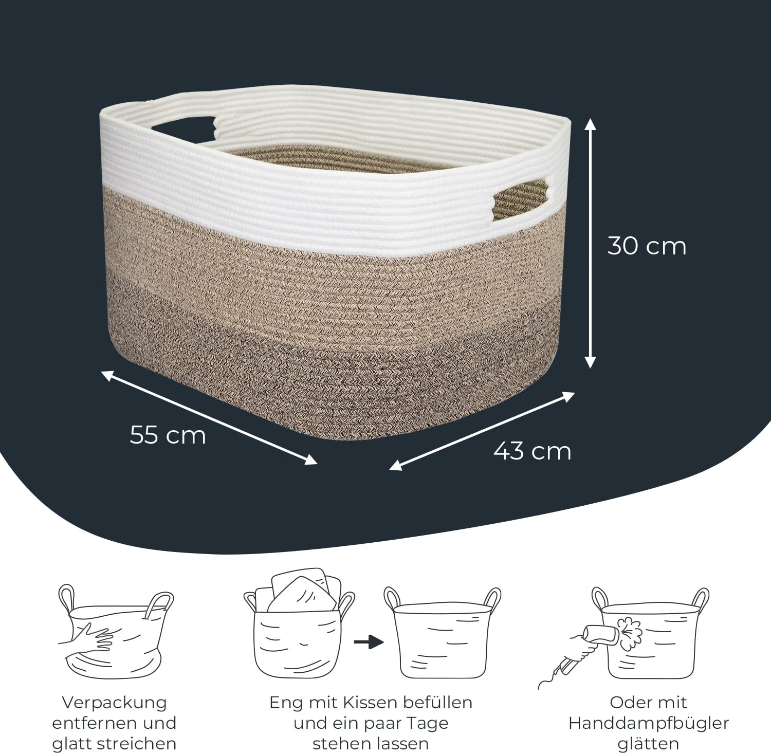 HMF XXL Wäschekorb aus Baumwoll rechteckiger Aufbewahrungskorb mit Griffen 55 x 43 x 30 cm Weiß-Braun