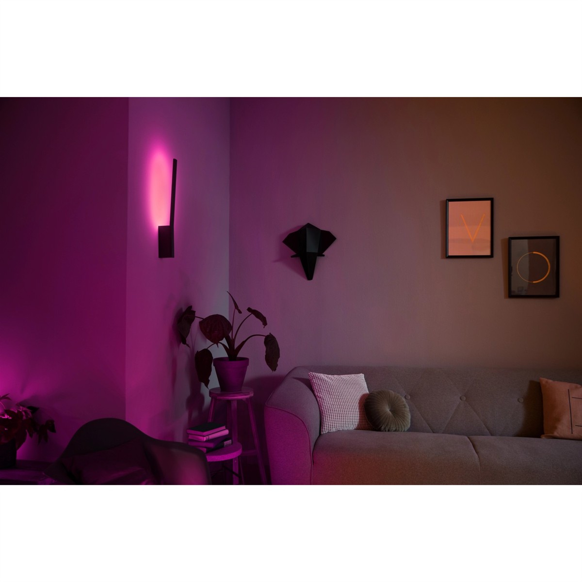 wohnzimmer, neonlicht, lounge, sofa, pflanze