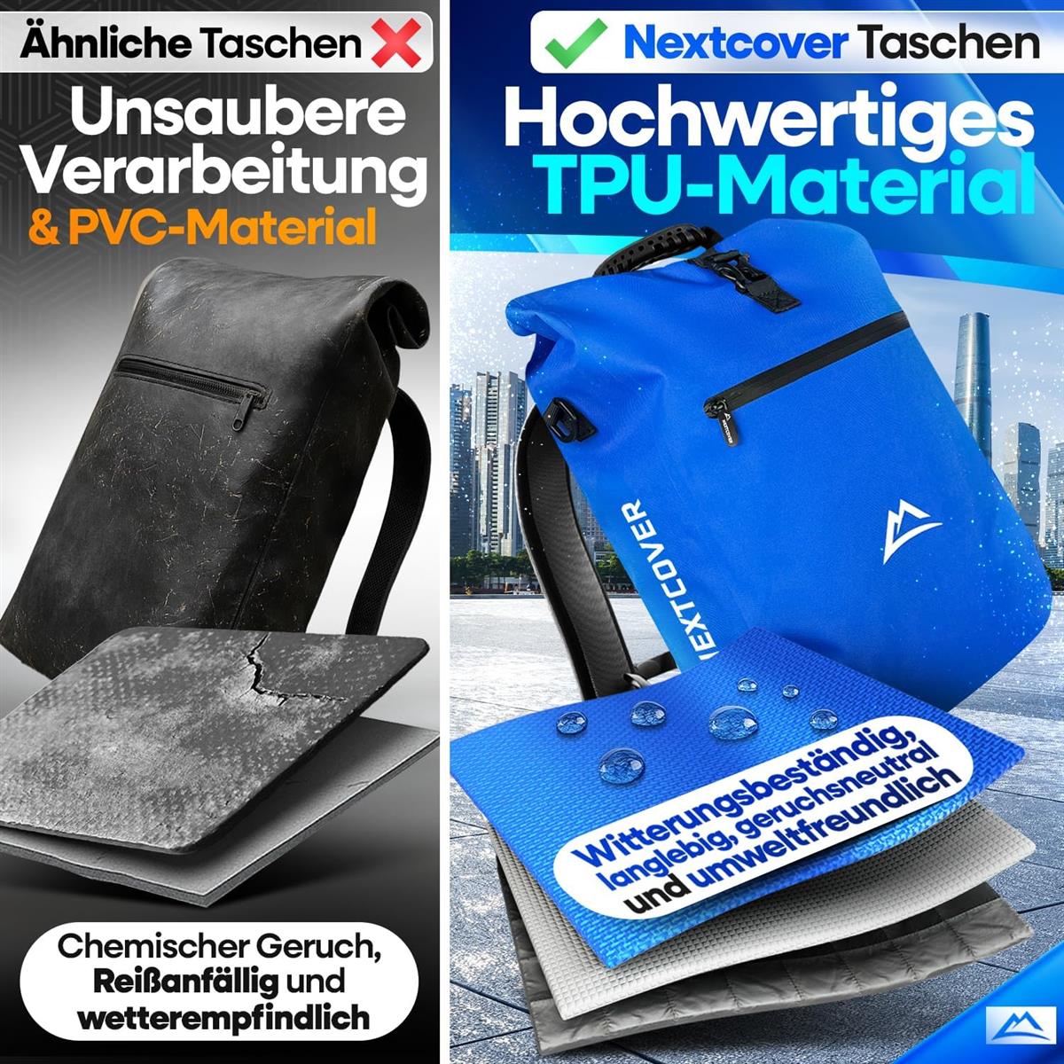 Nextcover NEU 3in1 Fahrradtasche für Gepäckträger PVC frei - Gepäckträgertasche, Fahrradtasche Rucksack und Umhängetasche 25L I Fahrrad Tasche wasserdicht Fahrradtaschen Gepäckträger