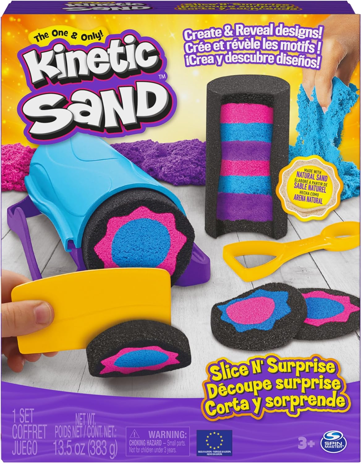 Spin Master 6063482 Kinetic Sand Slice n Surprise Set kinetischer Sand verschiedene Sandfarben Indoor-Sandspiel formbar magisch kreativ weich knetbar