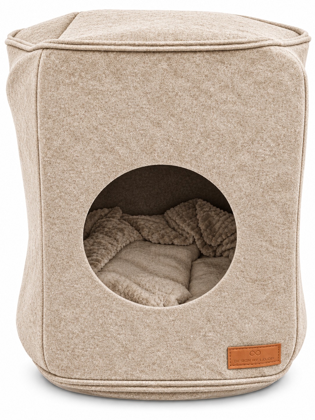 Katzenhöhle, rundem Eingang, beige Stoff, Strukturstoff, gepolstertes Kissen