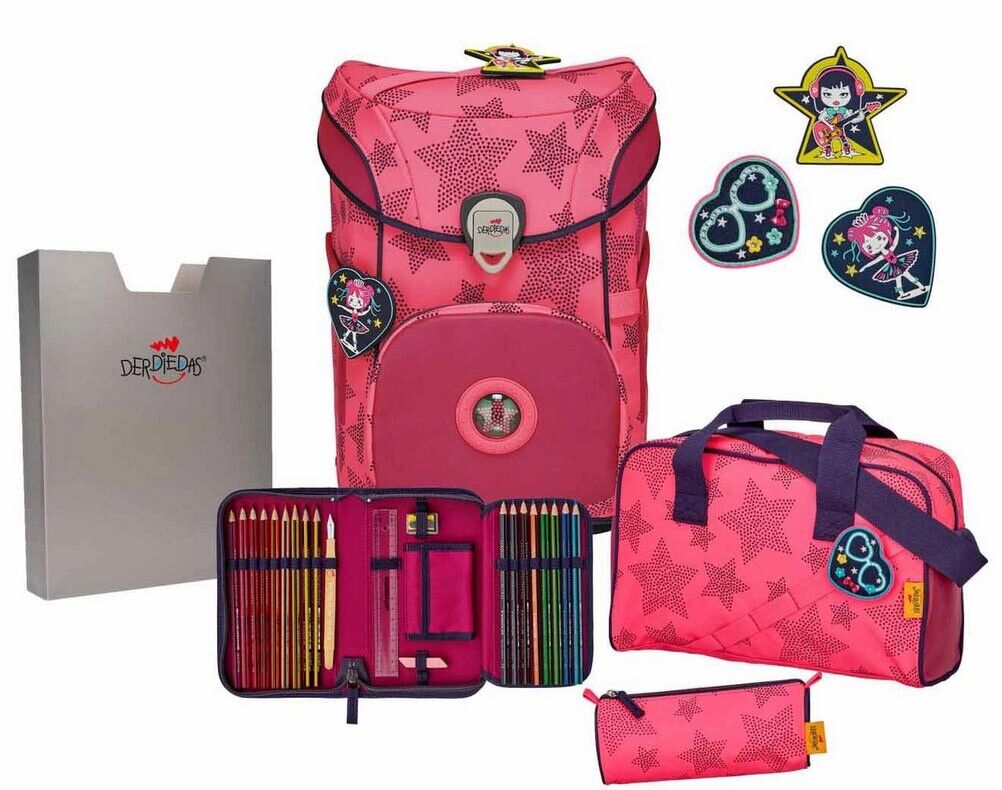 DerDieDas 409158 Ergoflex Easy Schulranzen Set 5 teilig Superflash Neon Star Schulrucksack Schultasche Ranzen