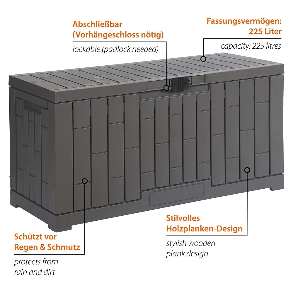 Holzdesign, stabilesunterteil, wetterfeste box, Klappdeckel, Kapazität 225 Liter