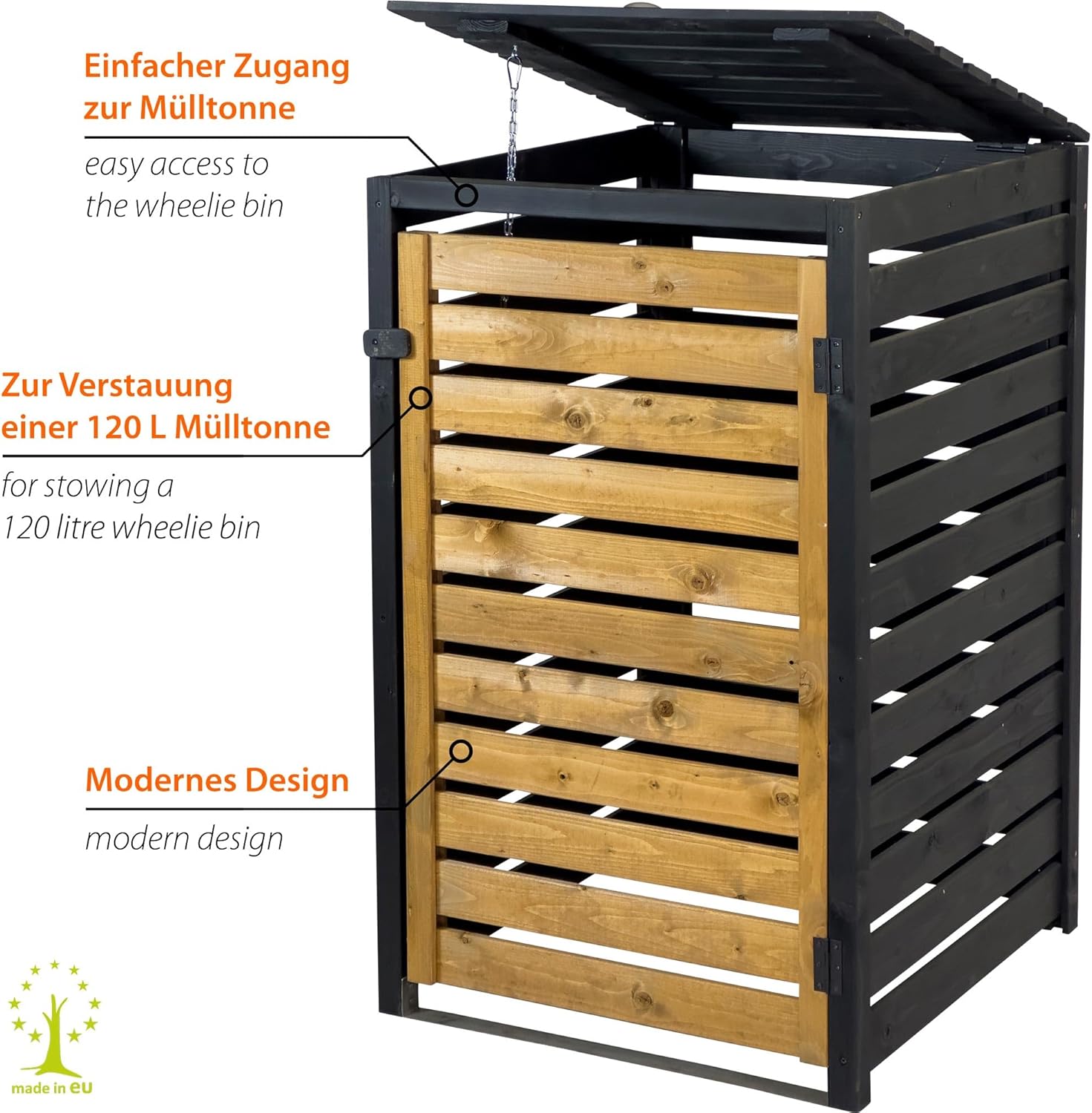 dobar Green Label Mülltonnenverkleidung 1er 120 L aus Holz in Braun-Schwarz als Bausatz  Mülltonnenbox mit Deckel und Schwingtür zweifarbig  67 x 64 x 94 cm